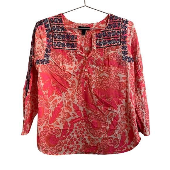 J Crew Pink Floral Blue Embroidered Boho Top 00 - Picture 2 of 7